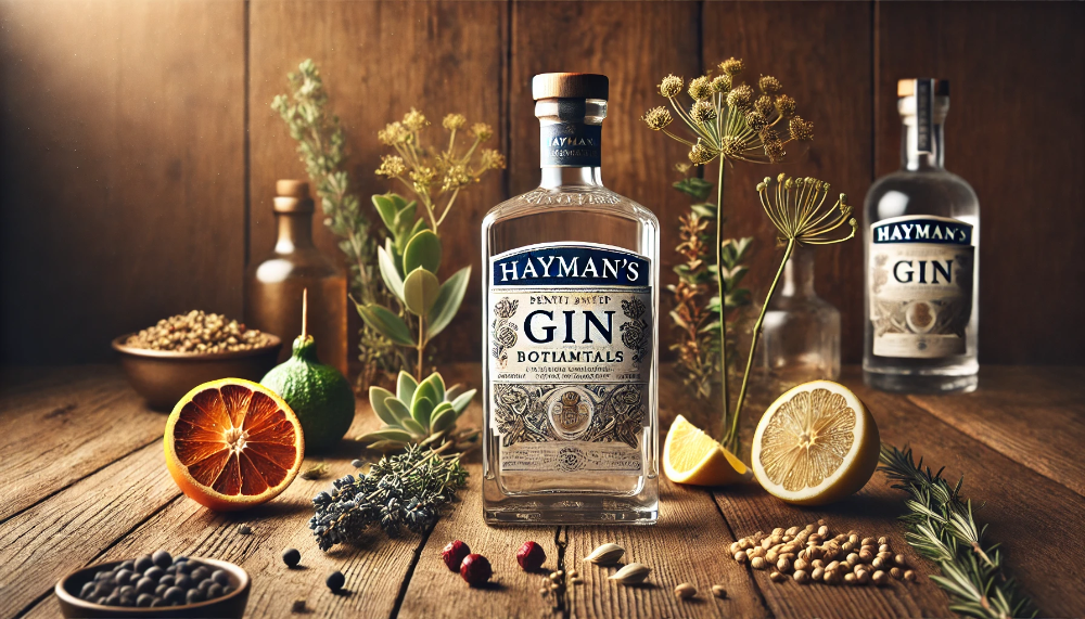 Стильна компоновка Hayman’s Gently Rested Gin, оточена свіжими ботанічними інгредієнтами, такими як ягоди ялівцю, насіння коріандру та цитрусові, що підкреслює природні складові джина.